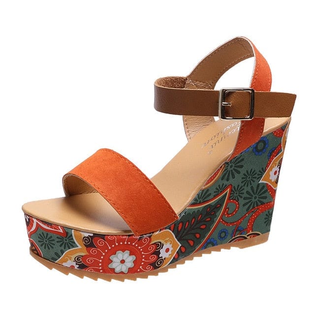 2023 Summer Wedge Sandals for Women Retro Ethnic Print Platform Shoes Ladies Casual Ankle Buckle Comfortable Sandalias De Mujer