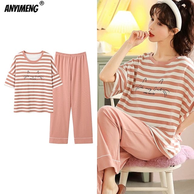 New Sleepwear Cartoon Cotton Pajamas for Women Long Pants Short Sleeved Summer Spring Loungewear  Fashion Home Clothing Homewear