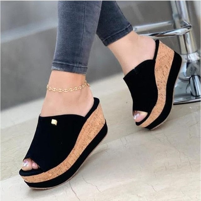 Slippers Summer Clogs Wedges  Retro Fish Mouth Large Size Sandals Women High Heel Platform Solid Color Plus Size Shoes Sandalias