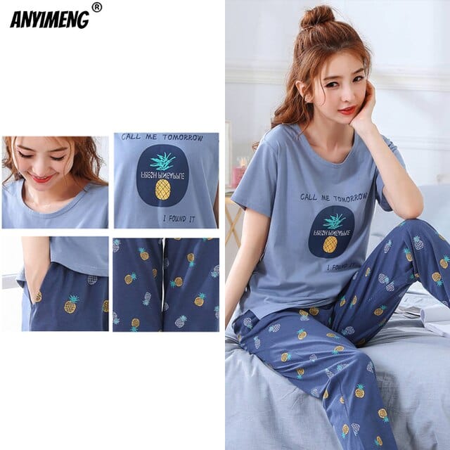 New Sleepwear Cartoon Cotton Pajamas for Women Long Pants Short Sleeved Summer Spring Loungewear  Fashion Home Clothing Homewear