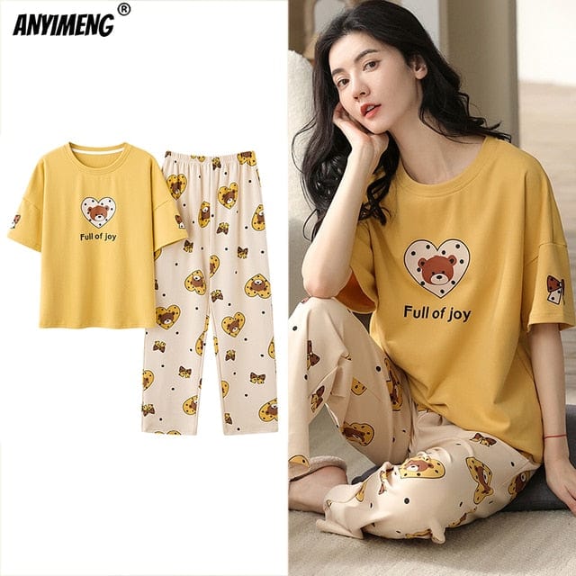 New Sleepwear Cartoon Cotton Pajamas for Women Long Pants Short Sleeved Summer Spring Loungewear  Fashion Home Clothing Homewear