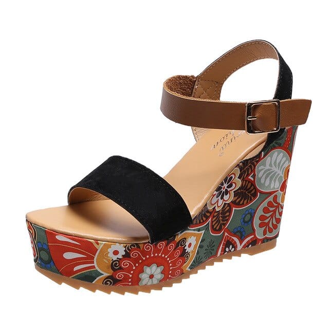 2023 Summer Wedge Sandals for Women Retro Ethnic Print Platform Shoes Ladies Casual Ankle Buckle Comfortable Sandalias De Mujer