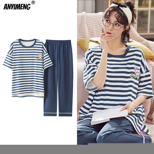New Sleepwear Cartoon Cotton Pajamas for Women Long Pants Short Sleeved Summer Spring Loungewear  Fashion Home Clothing Homewear