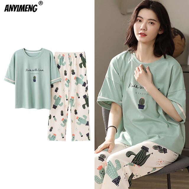 New Sleepwear Cartoon Cotton Pajamas for Women Long Pants Short Sleeved Summer Spring Loungewear  Fashion Home Clothing Homewear
