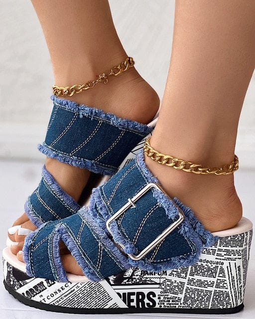 Women Shoes Casual Fashion Vacation Daily Wear Summer Newspaper Buckled Denim Wedge Slippers Sandals