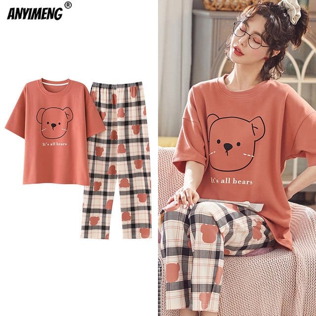 New Sleepwear Cartoon Cotton Pajamas for Women Long Pants Short Sleeved Summer Spring Loungewear  Fashion Home Clothing Homewear