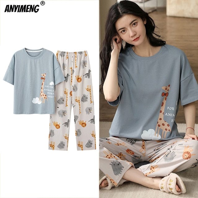 New Sleepwear Cartoon Cotton Pajamas for Women Long Pants Short Sleeved Summer Spring Loungewear  Fashion Home Clothing Homewear