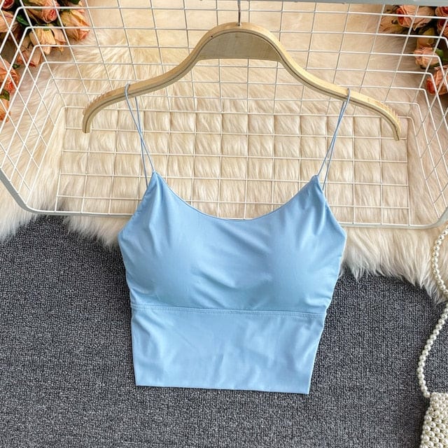 Summer Bra Ice Silk Crop Tops Sports Spaghetti Strap Vest Top Women Sexy Built In Bra Off Shoulder Sleeveless Camisole Underwear