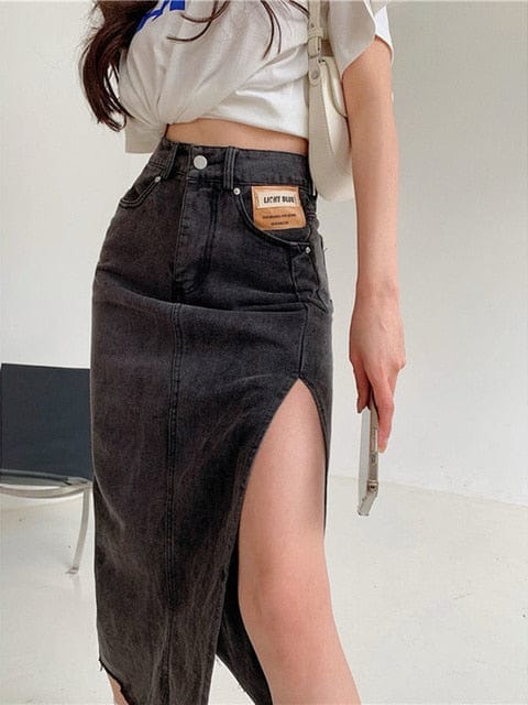 Streamgirl Maxi Jeans Skirt Women Denim Long Skirts Summer 2023 Vintage Maxi Skirt Side Split Denim Skirt Women Long Korean