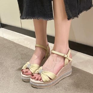 New Female Ankle Strap Buckle Rhinestone Crystal Sandals 2023 Summer Women Round Toe High Heels Fashion Ladies Wedges Shoes Gold