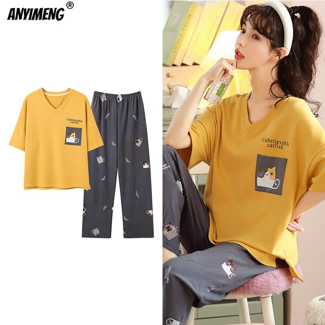 New Sleepwear Cartoon Cotton Pajamas for Women Long Pants Short Sleeved Summer Spring Loungewear  Fashion Home Clothing Homewear