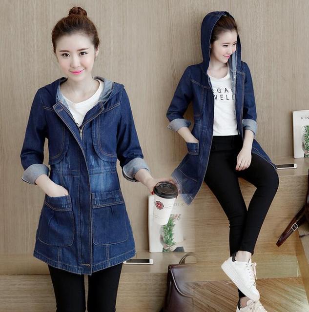 Spring Autumn New Denim Jacket Women Korean Loose Long Jeans Jackets Women's Zipper  Hooded Basic Coat Jackets 3XL