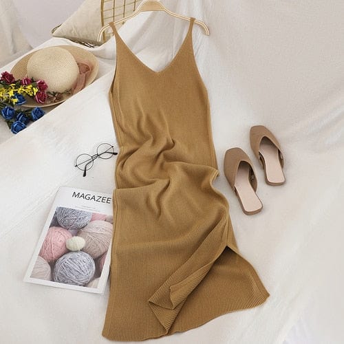 OCEANLOVE V Neck Solid Knitted Dresses Casual All Match Simple Fashion Korean Women Dress Elegant Vestidos New Clothes 15517