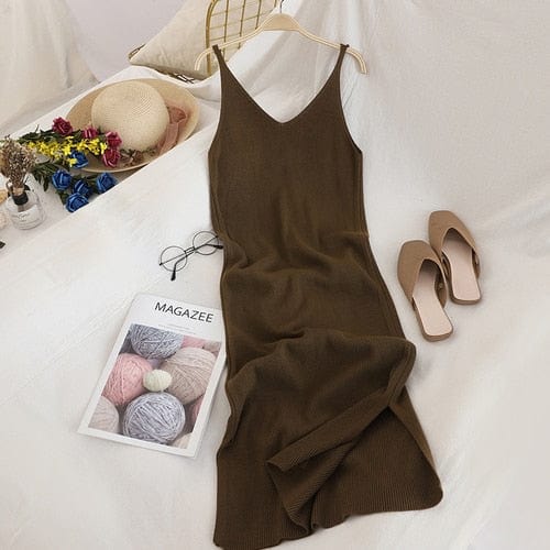 OCEANLOVE V Neck Solid Knitted Dresses Casual All Match Simple Fashion Korean Women Dress Elegant Vestidos New Clothes 15517