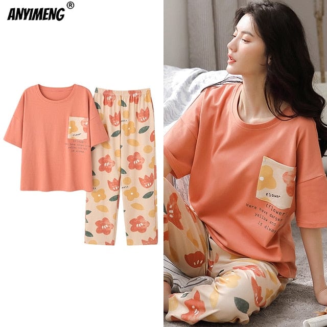 New Sleepwear Cartoon Cotton Pajamas for Women Long Pants Short Sleeved Summer Spring Loungewear  Fashion Home Clothing Homewear