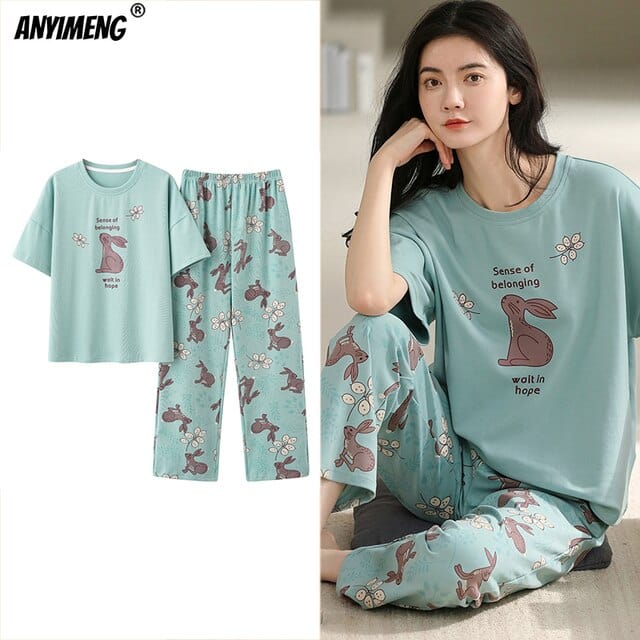 New Sleepwear Cartoon Cotton Pajamas for Women Long Pants Short Sleeved Summer Spring Loungewear  Fashion Home Clothing Homewear