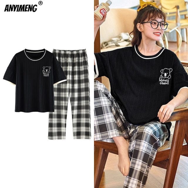 New Sleepwear Cartoon Cotton Pajamas for Women Long Pants Short Sleeved Summer Spring Loungewear  Fashion Home Clothing Homewear