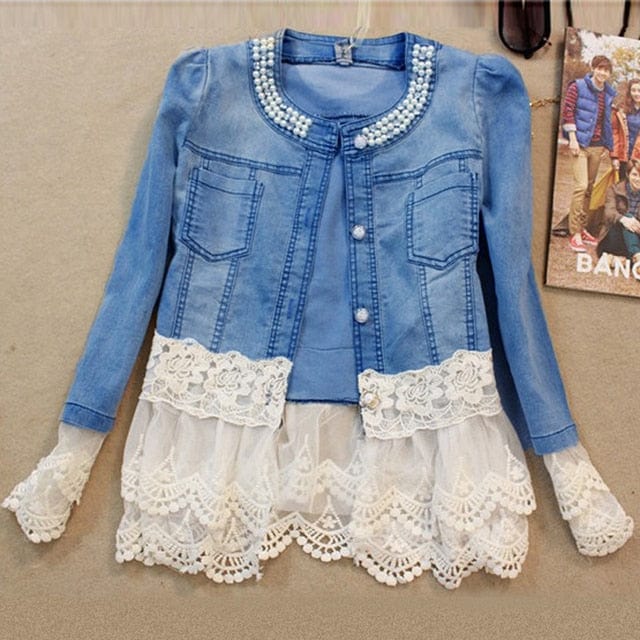 Slim Stitching Womens Denim Jacket Pearl Decoration Lace Cuffs Fashion Coat Thin Section White Mesh Hem Solid Wash Top 001