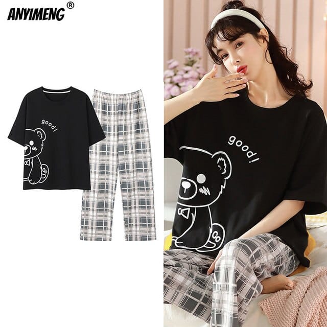 New Sleepwear Cartoon Cotton Pajamas for Women Long Pants Short Sleeved Summer Spring Loungewear  Fashion Home Clothing Homewear