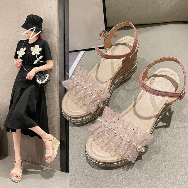 New Female Ankle Strap Buckle Rhinestone Crystal Sandals 2023 Summer Women Round Toe High Heels Fashion Ladies Wedges Shoes Gold