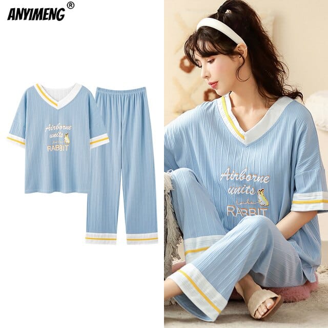 New Sleepwear Cartoon Cotton Pajamas for Women Long Pants Short Sleeved Summer Spring Loungewear  Fashion Home Clothing Homewear