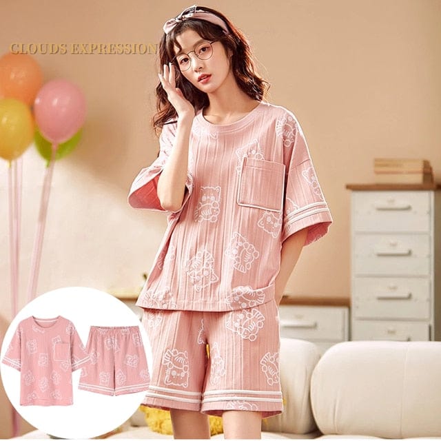 Summer new Women Pyjamas Cartoon Pajamas Sets Sleepwear Casual Nightwear Pijama Mujer Shorts short sleeve M-2XL home clothes set