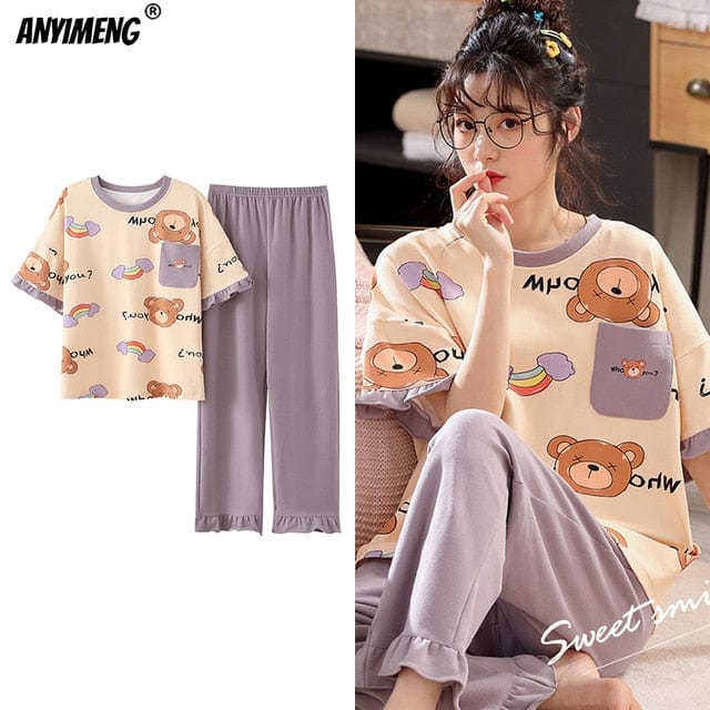 New Sleepwear Cartoon Cotton Pajamas for Women Long Pants Short Sleeved Summer Spring Loungewear  Fashion Home Clothing Homewear