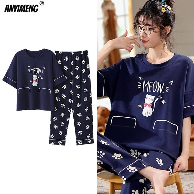 New Sleepwear Cartoon Cotton Pajamas for Women Long Pants Short Sleeved Summer Spring Loungewear  Fashion Home Clothing Homewear