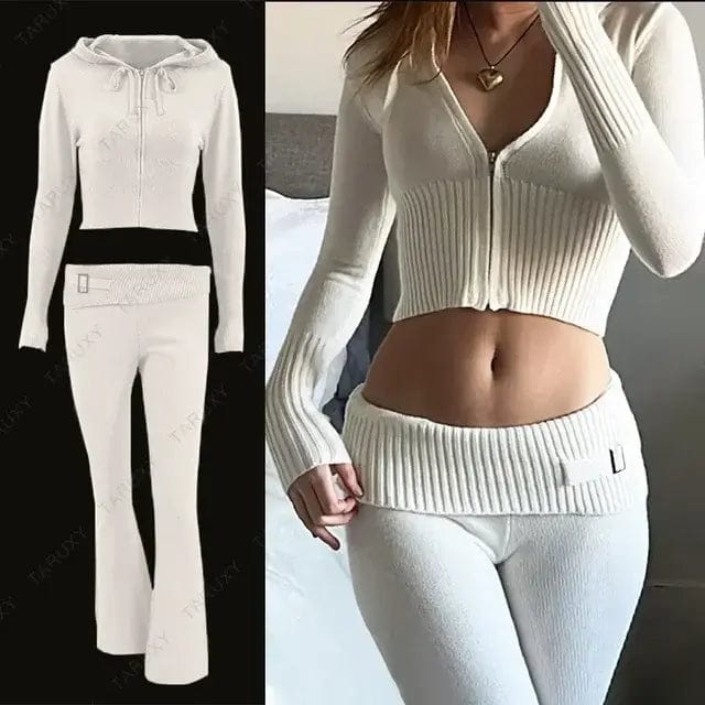 Knitted Hoodie Cropped Top And Pants Set