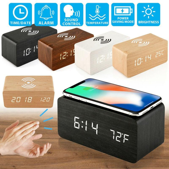 LED Electric Alarm Clock W/ Qi Wireless Phone Charger Charging Pad Station