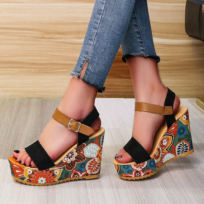 2023 Summer Wedge Sandals for Women Retro Ethnic Print Platform Shoes Ladies Casual Ankle Buckle Comfortable Sandalias De Mujer