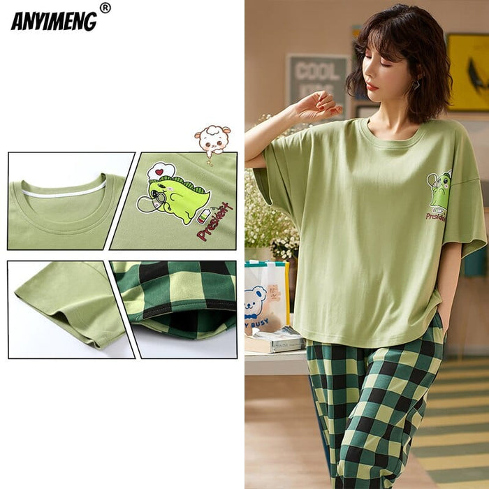 New Sleepwear Cartoon Cotton Pajamas for Women Long Pants Short Sleeved Summer Spring Loungewear  Fashion Home Clothing Homewear