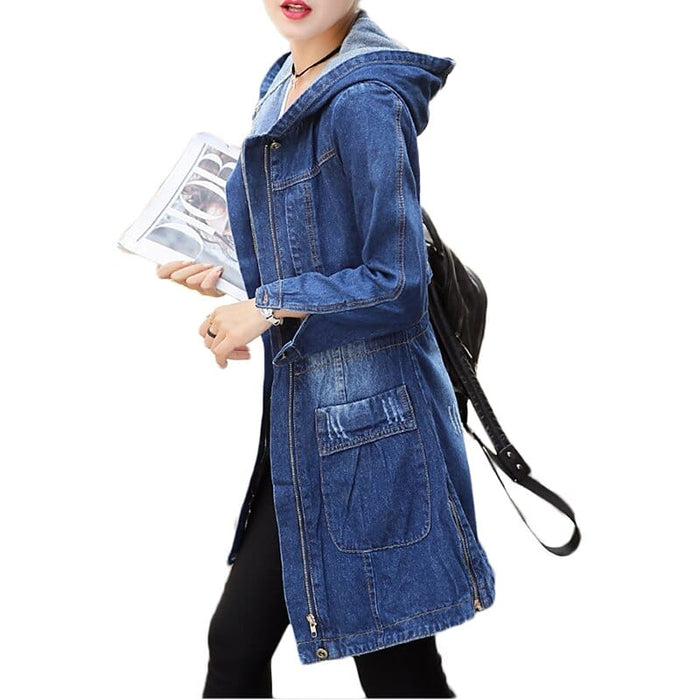 Spring Autumn New Denim Jacket Women Korean Loose Long Jeans Jackets Women's Zipper  Hooded Basic Coat Jackets 3XL