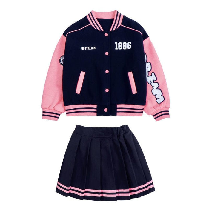 Teen Girls Autumn Suit Baseball Uniform Spring Fashion Letter Print Patchwork Jacket Coat + Pleated Skirt 2pcs JK Outfits 4-14 Y
