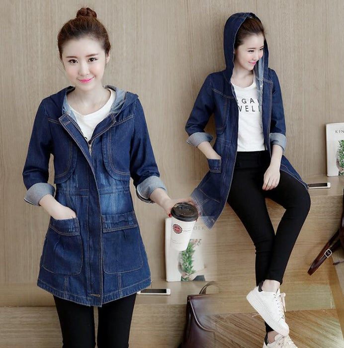 Spring Autumn New Denim Jacket Women Korean Loose Long Jeans Jackets Women's Zipper  Hooded Basic Coat Jackets 3XL