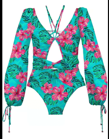 Vintage One Piece Swimsuit Female 2022 Long Sleeve Swimwear Women Plus Size Bathing Suit Print Bandage Summer Bathers Monokini