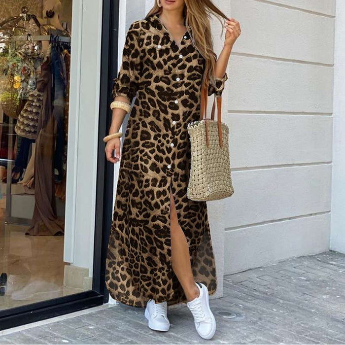 2023 Spring Party Vintage Leopard Robe Casual Long Sleeve Maxi Long Vestidos Dress Fashion Oversized Women Shirt