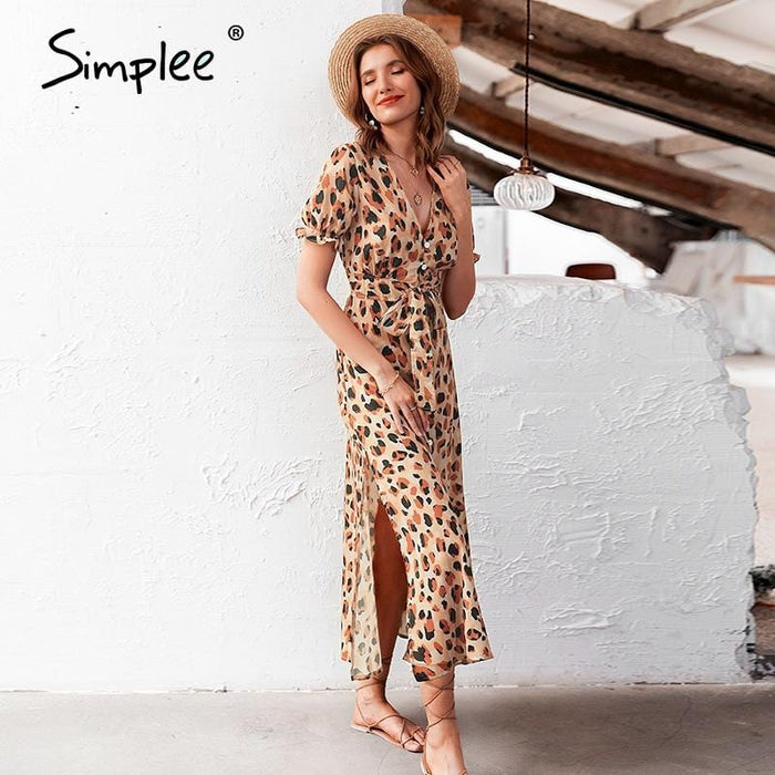 Simplee Leopard print women dress Sexy sleeveless ruffled high waist summer dress V-neck buttons beach wear holiday dress 2020