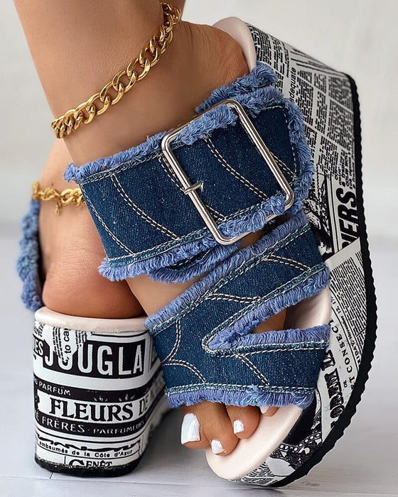 Women Shoes Casual Fashion Vacation Daily Wear Summer Newspaper Buckled Denim Wedge Slippers Sandals