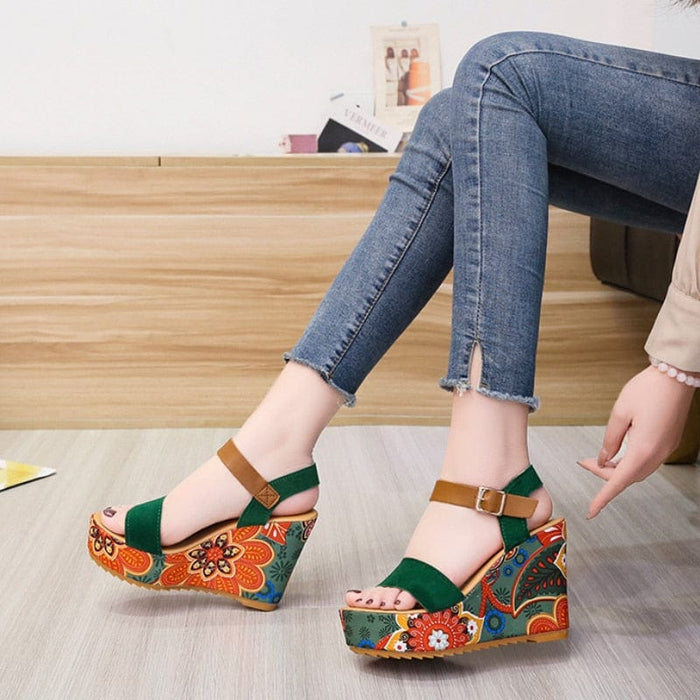 2023 Summer Wedge Sandals for Women Retro Ethnic Print Platform Shoes Ladies Casual Ankle Buckle Comfortable Sandalias De Mujer