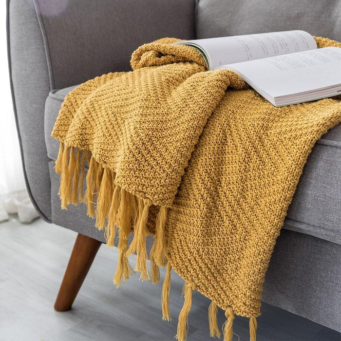 Knit Throw Blanket with Tassels for Sofa Bed Chair Travel Photography Props 130x160cm