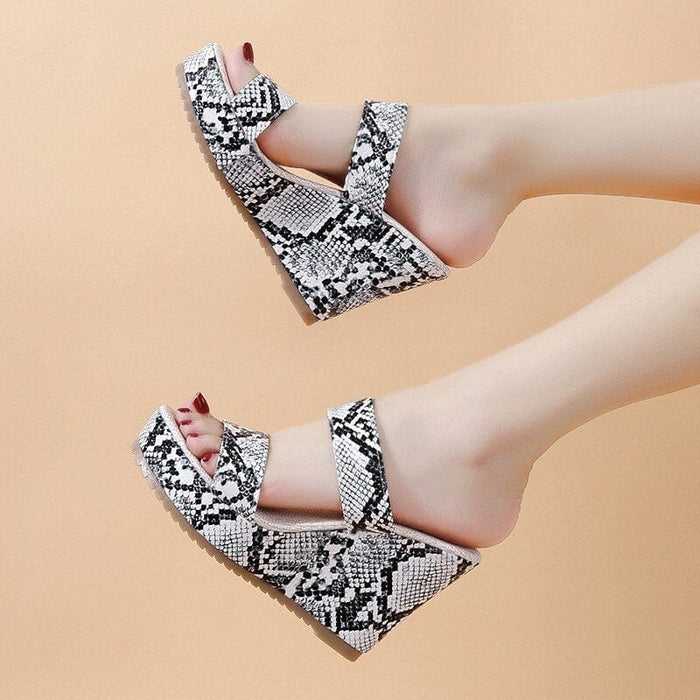 Aphixta 10cm Wedge Heels Snake Prints Platform Slippers Women Flax Non-slip Sandals Clog Shoes Slides Big Size 42