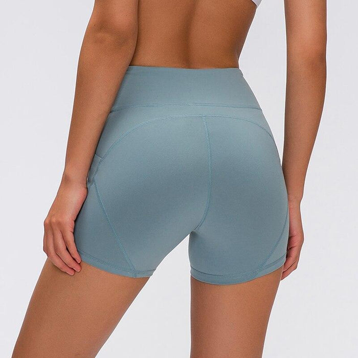 SHINBENE Anti-sweat Plain Sport Athletic Shorts Women High Waisted Soft Cotton Feel Fitness Yoga Shorts with Two Side Pocket