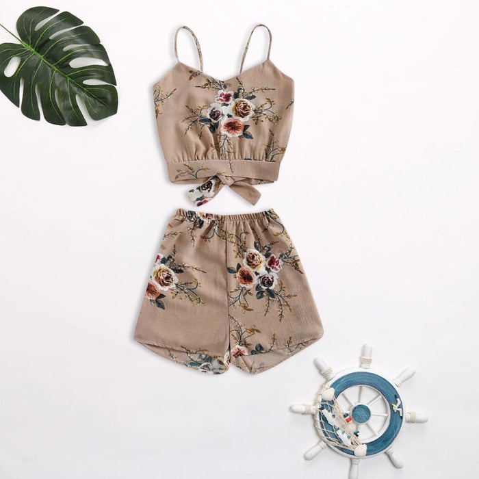 Feitong Two Piece Set Floral V Neck Cropped Top and Elastic Waisted Trim Shorts Women Clothes Casual Summer Twinset
