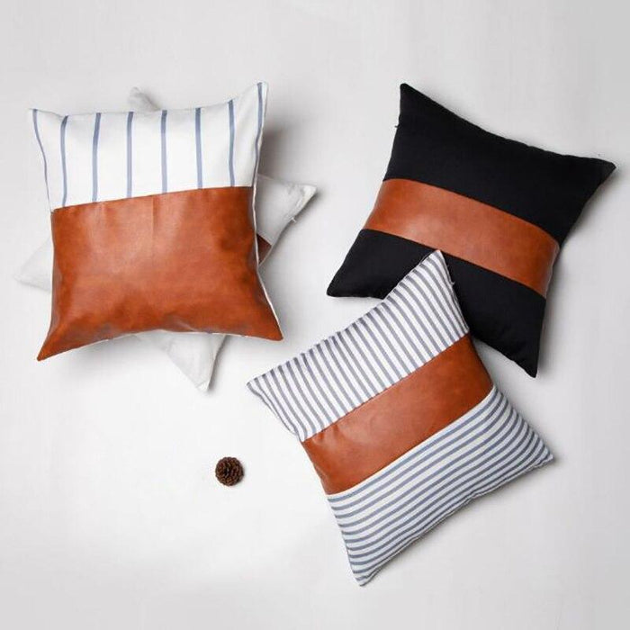 Hot Sale PU Leather Pillow Canvas Stripe Stitching Pillow Sofa Cushion New Modern Minimalist Style Living Room Pillow Cushion