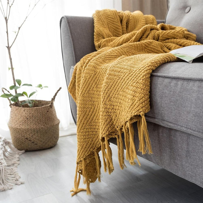 Knit Throw Blanket with Tassels for Sofa Bed Chair Travel Photography Props 130x160cm