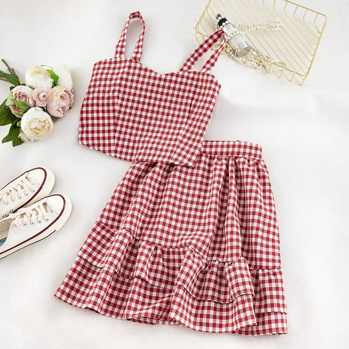 Women Summer Top And Skirts Sets Plaid Sweet High Waist Pleated Skirts Two-Piece Outfits Women Elastic Waist Sets 2023 Summer