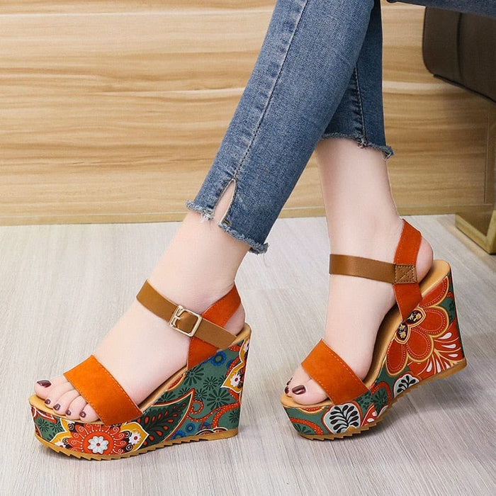 2023 Summer Wedge Sandals for Women Retro Ethnic Print Platform Shoes Ladies Casual Ankle Buckle Comfortable Sandalias De Mujer