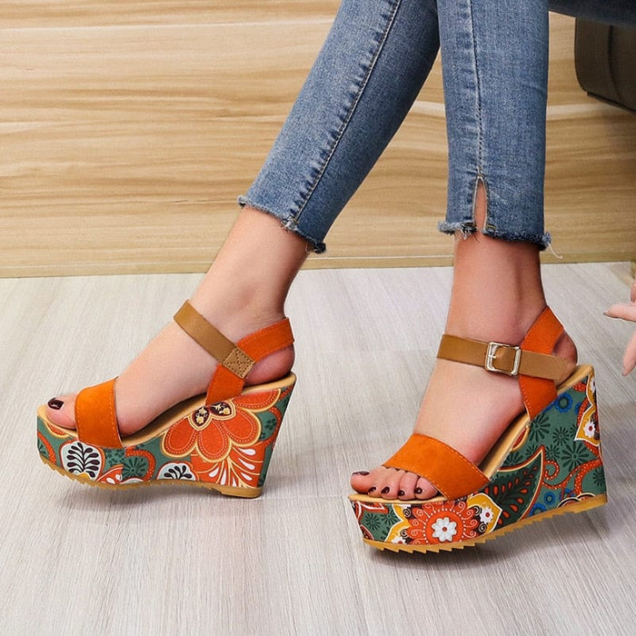 2023 Summer Wedge Sandals for Women Retro Ethnic Print Platform Shoes Ladies Casual Ankle Buckle Comfortable Sandalias De Mujer