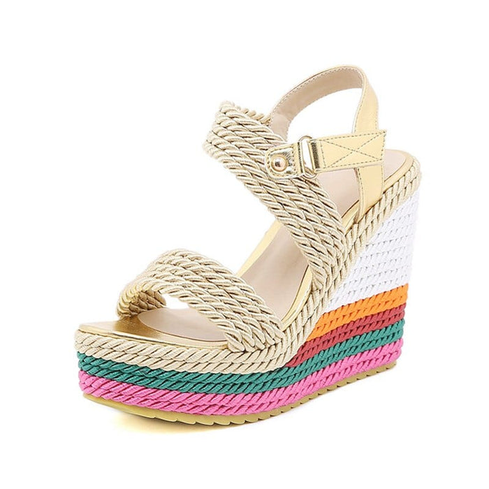 Platform Women Shoes Summer Gladiator Sandals Hemp Rainbow Wedge High Heel Shoes Women Fashion Candy Color Weave Sandals WSH4564